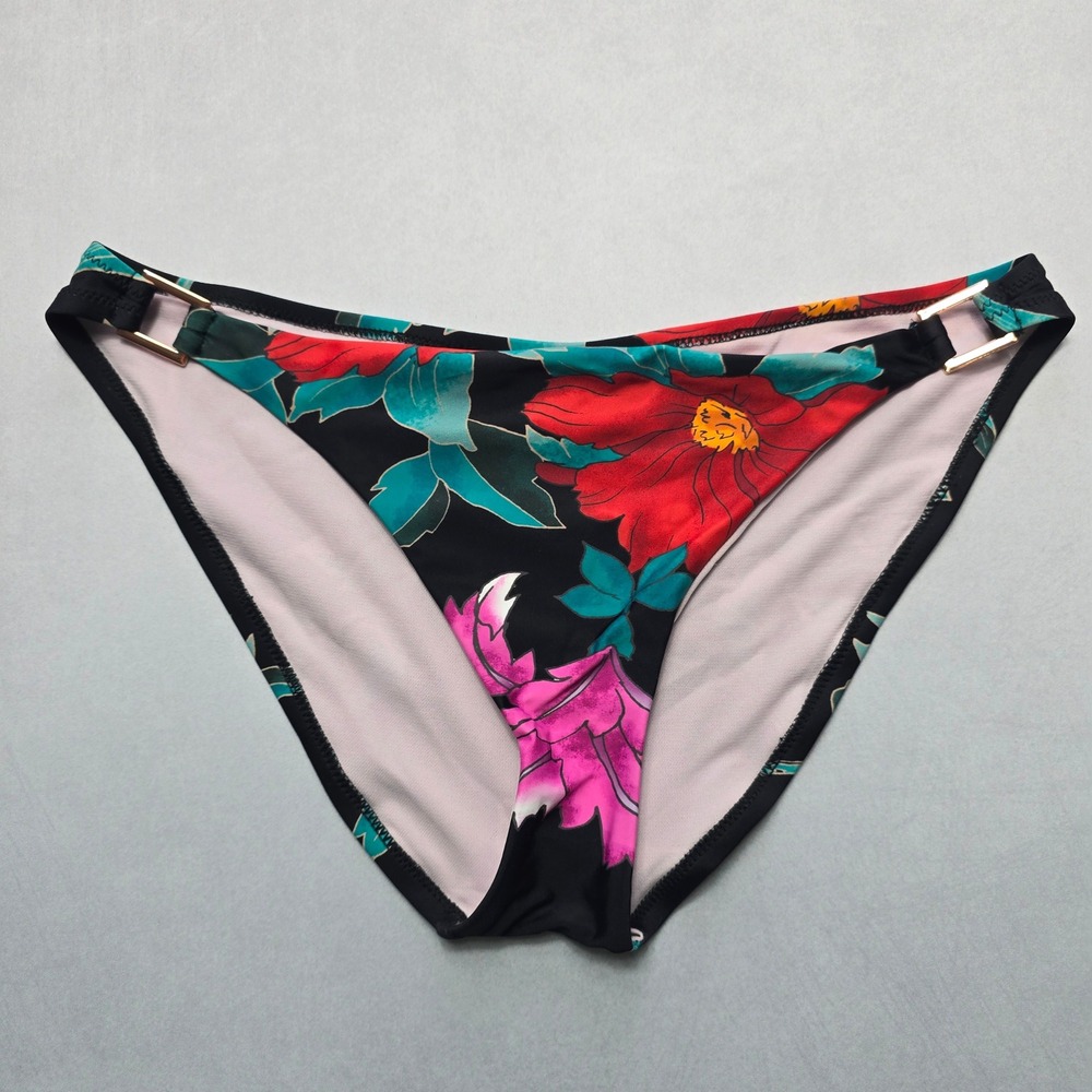 Nanette Lepore Black Floral Swim Beach Cheeky‎ Flirty Boho Bikini Bottom L Large